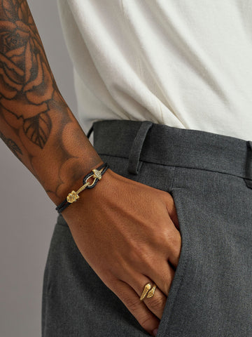 Nialaya Men's Leather Bracelet Black Leather Bracelet with Gold Rope Clasp Black Leather Bracelet with Gold Rope Clasp